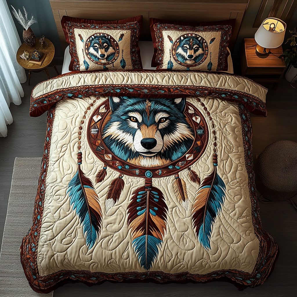 Dreamcatcher Weave quilted 3-piece bedding set on a made bed with two matching pillow shams