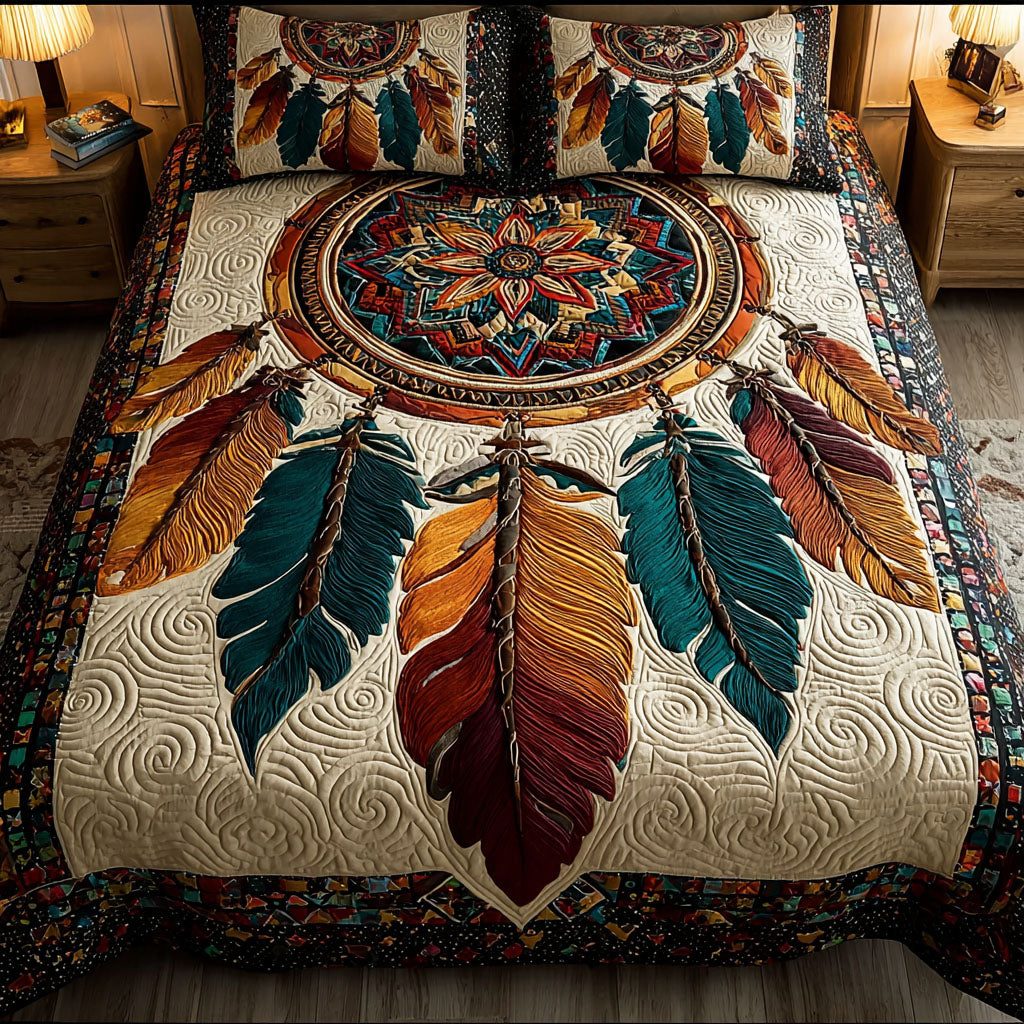 Dreamcatcher Whisper quilted 3-piece bedding set on a made bed with two matching pillow shams
