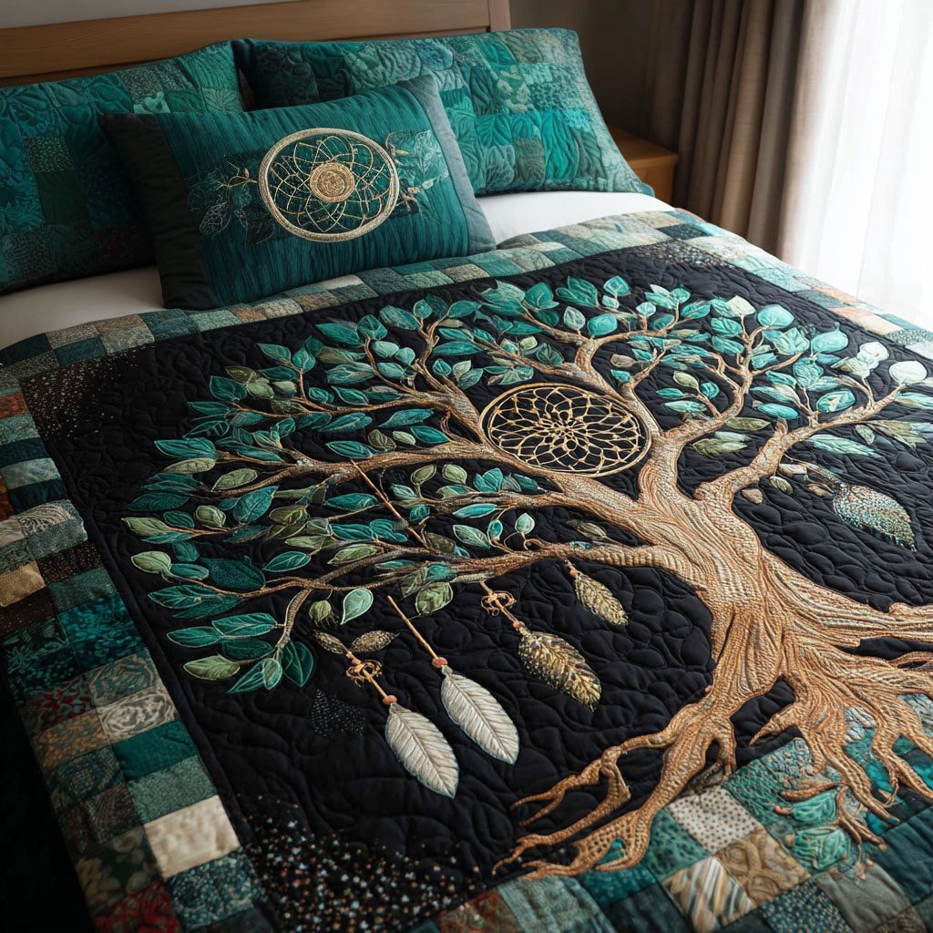 Dreamcatcher Whisper quilted 3-piece bedding set on a made bed with two matching pillow shams
