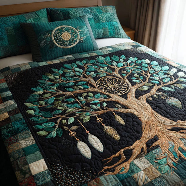 Dreamcatcher Whisper quilted 3-piece bedding set on a made bed with two matching pillow shams