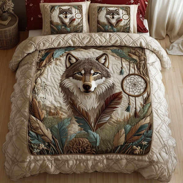 Dreamcatcher Wolf quilted 3-piece bedding set on a made bed with two matching pillow shams