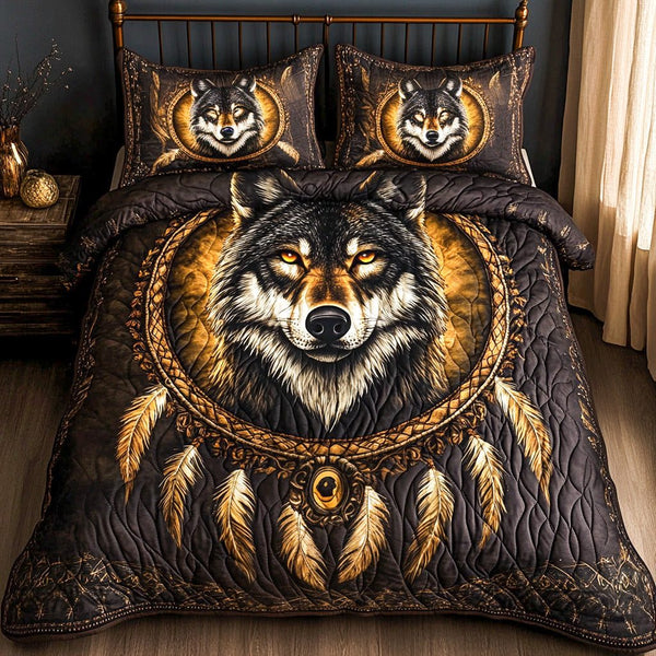 Dreamcatcher Wolf quilted 3-piece bedding set on a made bed with two matching pillow shams