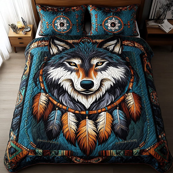 Dreamcatcher Wolf quilted 3-piece bedding set on a made bed with two matching pillow shams