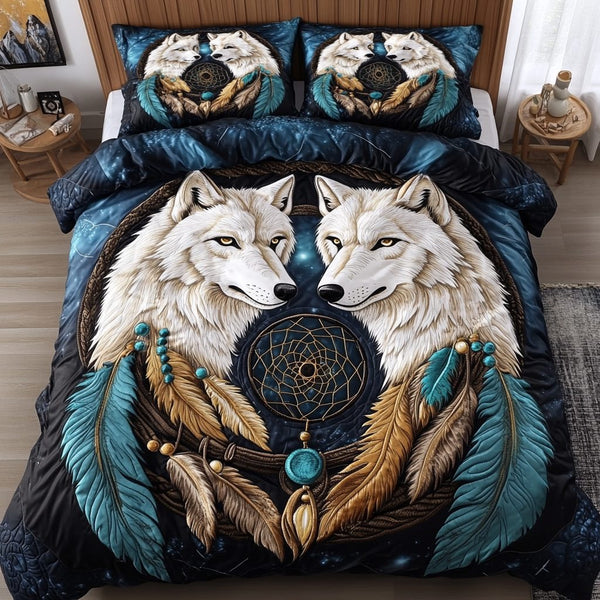 Dreamcatcher Wolves quilted 3-piece bedding set on a made bed with two matching pillow shams
