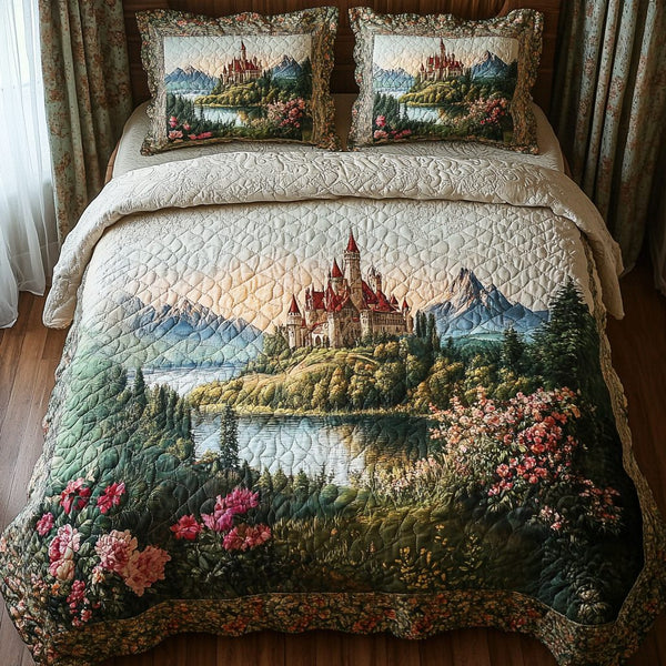 Dreamer Path quilted 3-piece bedding set on a made bed with two matching pillow shams