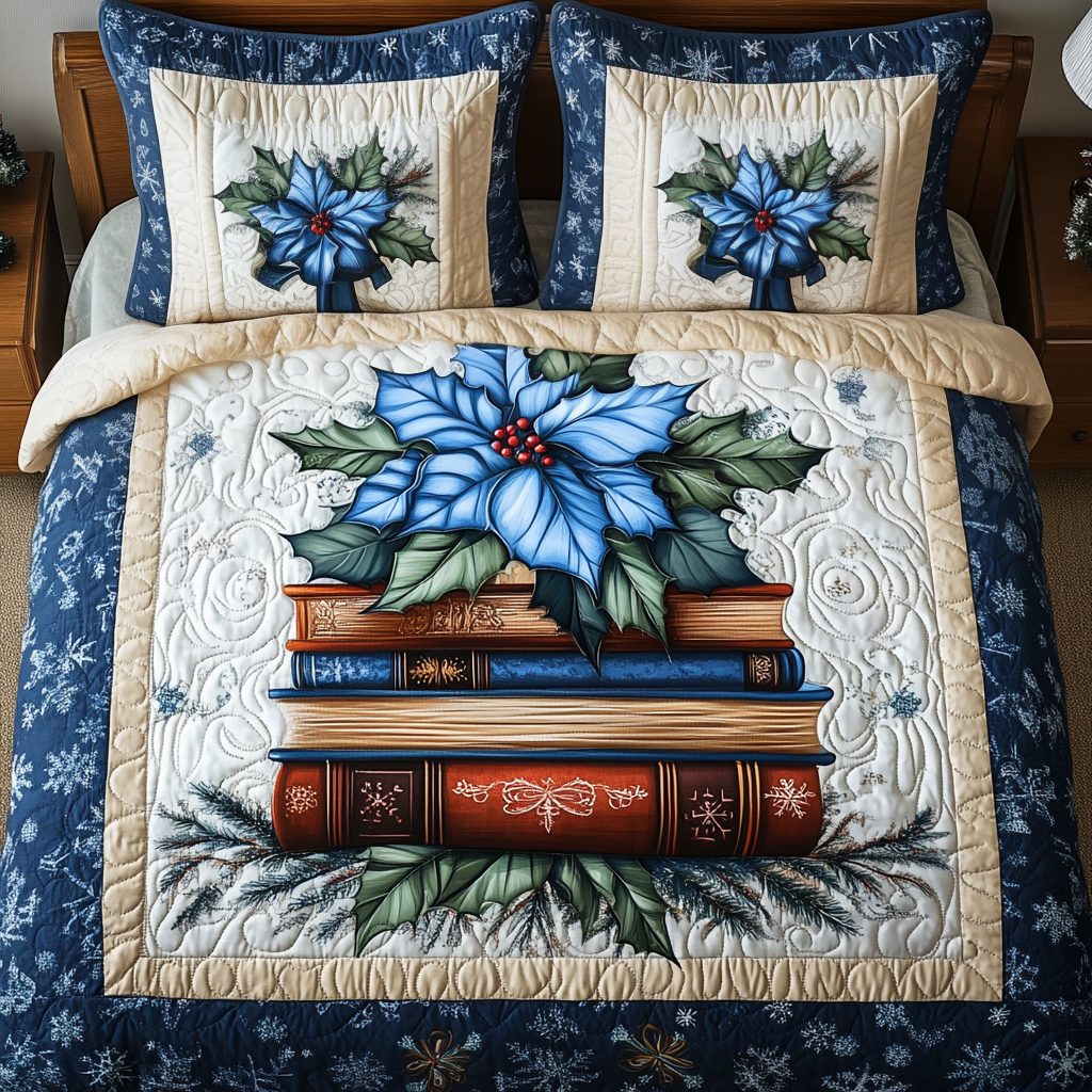 Dreaming of Books quilted 3-piece bedding set on a made bed with two matching pillow shams