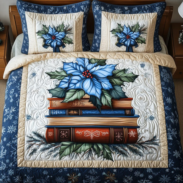 Dreaming of Books quilted 3-piece bedding set on a made bed with two matching pillow shams