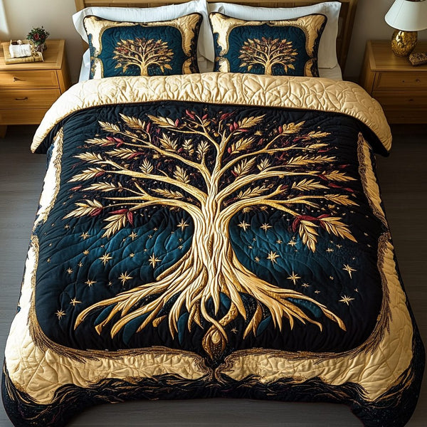 Dreaming Tree quilted 3-piece bedding set on a made bed with two matching pillow shams