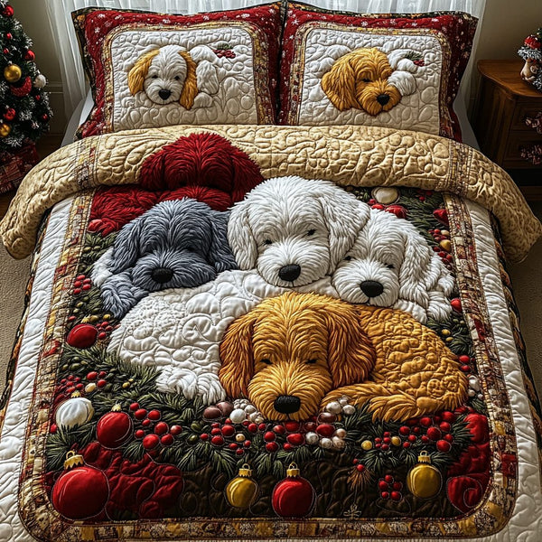 Dreaming Under the Tree quilted 3-piece bedding set on a made bed with two matching pillow shams