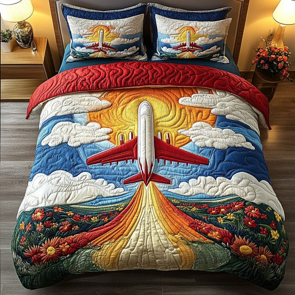 Dreamland Airplane quilted 3-piece bedding set on a made bed with two matching pillow shams