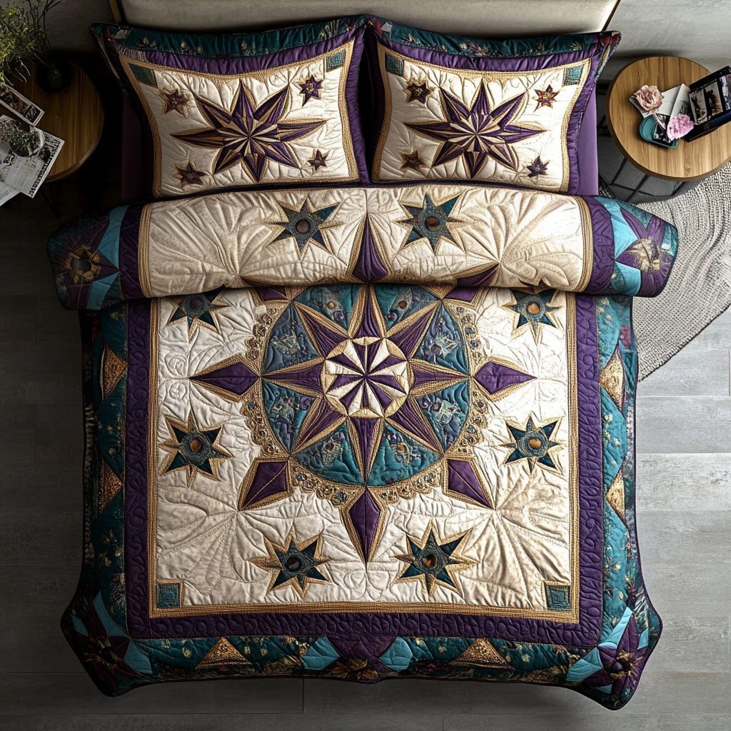 Dreamweaver Star quilted 3-piece bedding set on a made bed with two matching pillow shams