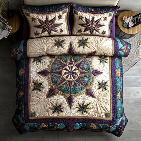 Dreamweaver Star quilted 3-piece bedding set on a made bed with two matching pillow shams