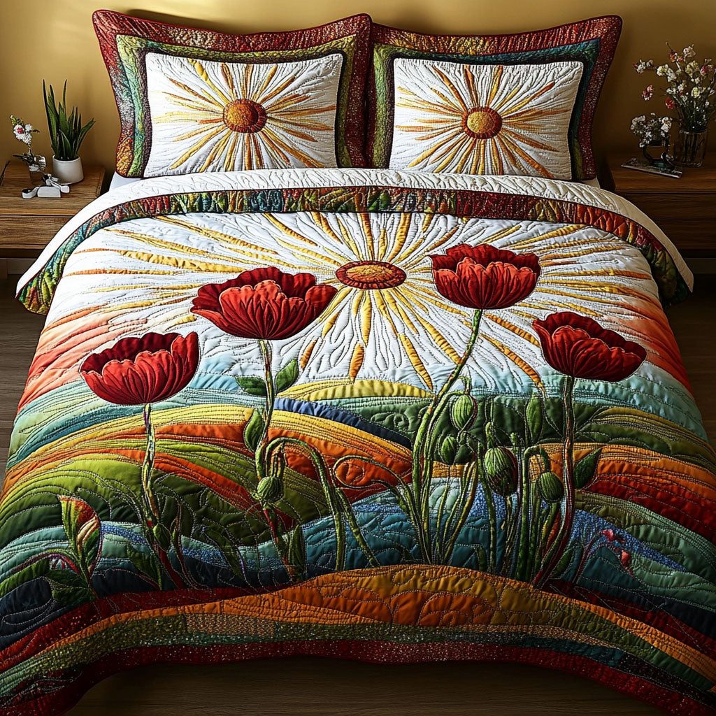 Dreamy Blossoms quilted 3-piece bedding set on a made bed with two matching pillow shams