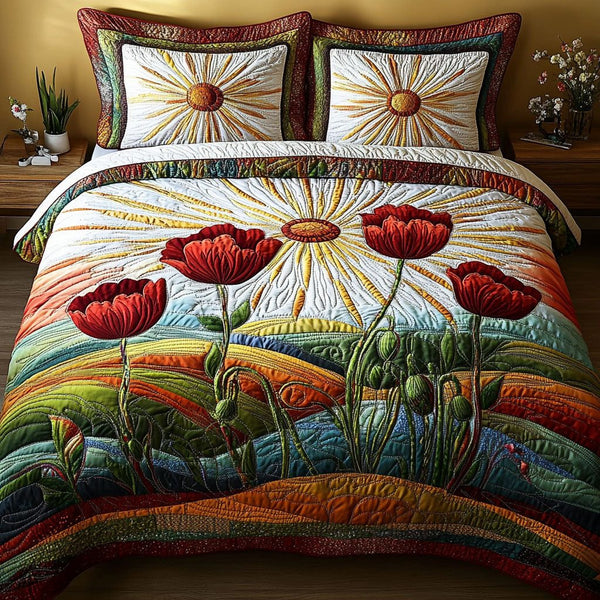 Dreamy Blossoms quilted 3-piece bedding set on a made bed with two matching pillow shams
