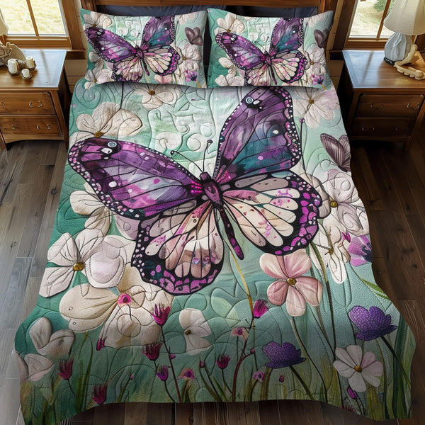 Dreamy Butterflies quilted 3-piece bedding set on a made bed with two matching pillow shams