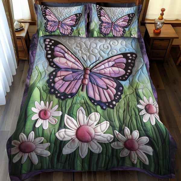 Dreamy Butterflies quilted 3-piece bedding set on a made bed with two matching pillow shams