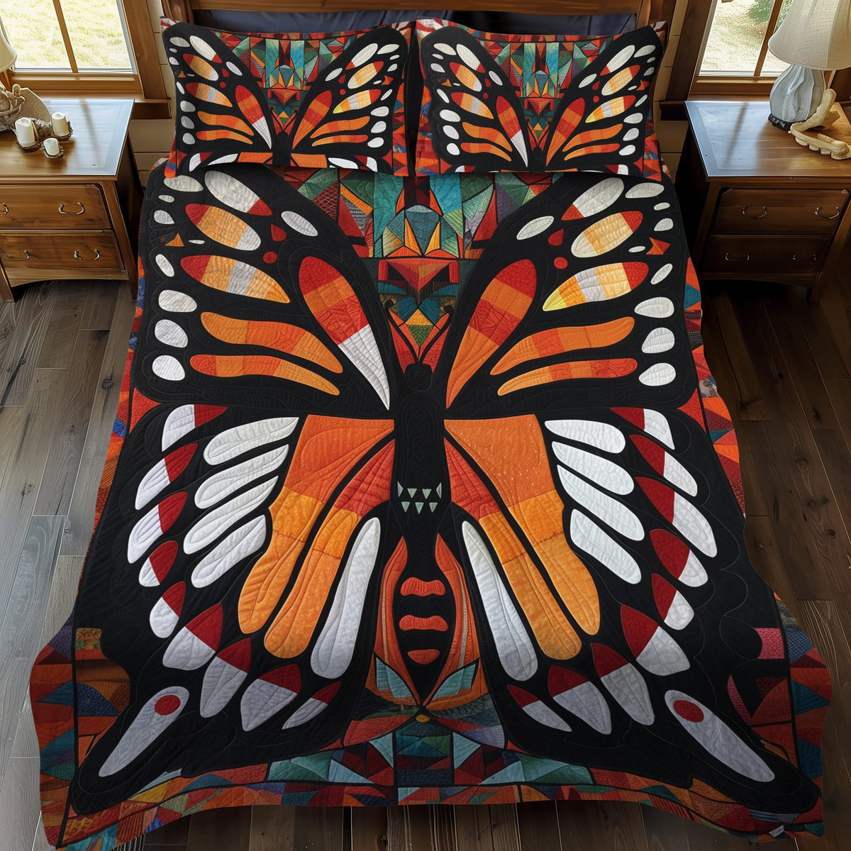 Dreamy Butterfly quilted 3-piece bedding set on a made bed with two matching pillow shams