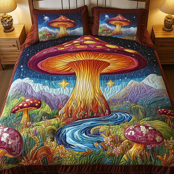 Dreamy Caps quilted 3-piece bedding set on a made bed with two matching pillow shams