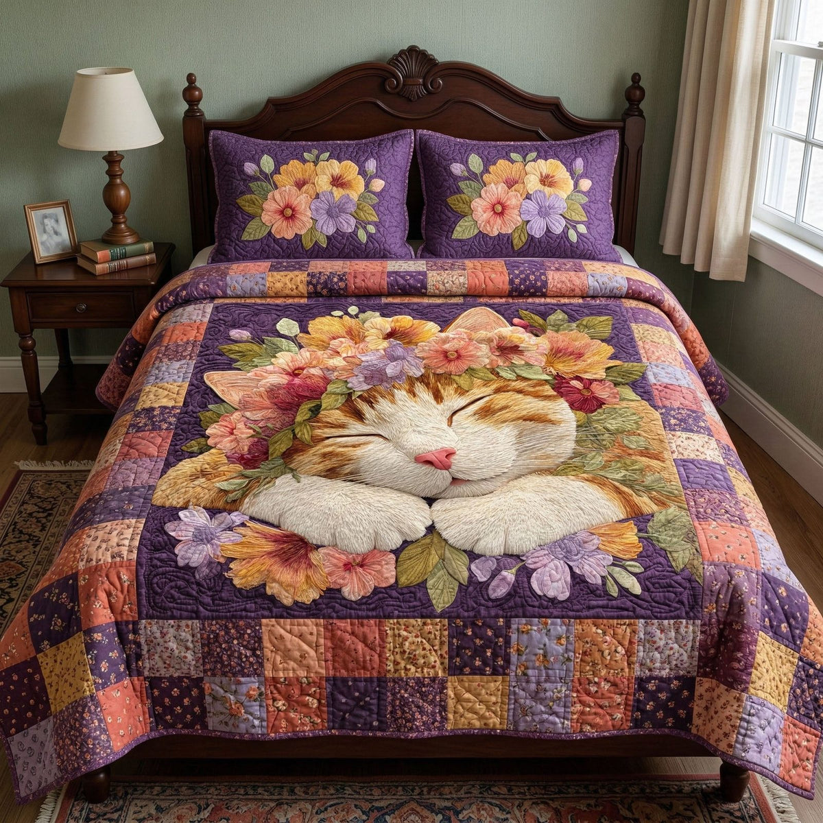 Dreamy Cat Bloom quilted 3-piece bedding set on a made bed with two matching pillow shams