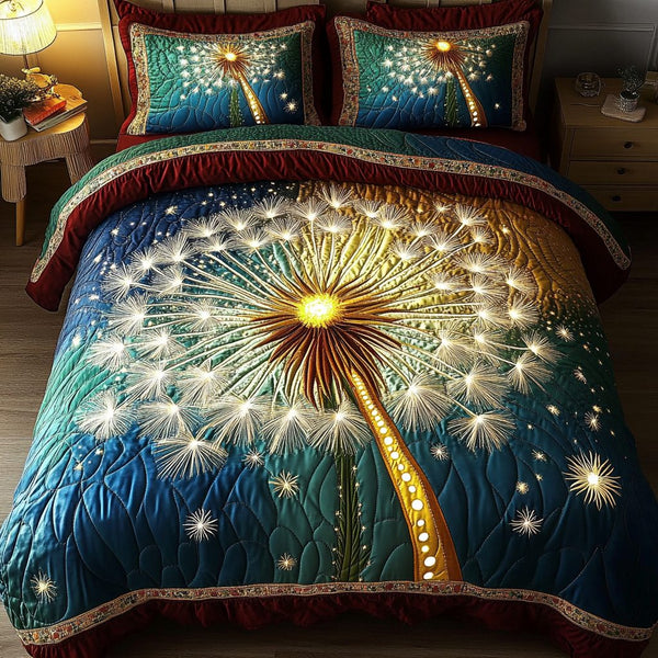 Dreamy Dandelions quilted 3-piece bedding set on a made bed with two matching pillow shams
