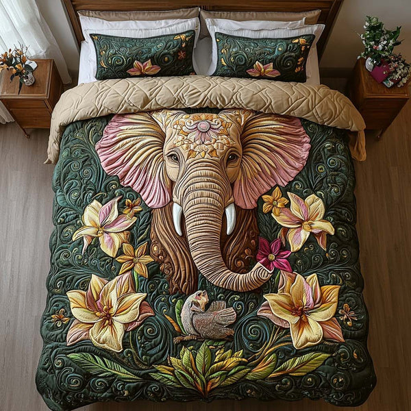 Dreamy Elephant Garden quilted 3-piece bedding set on a made bed with two matching pillow shams