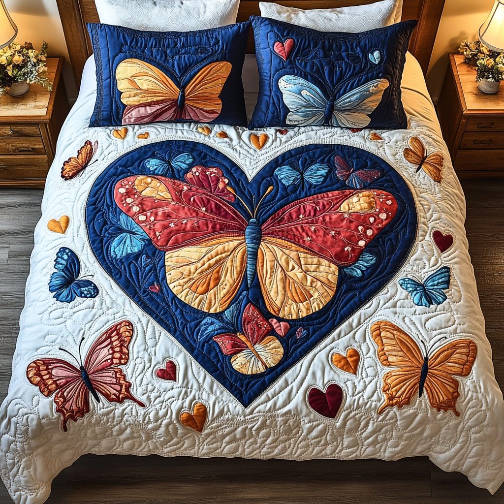 Dreamy Flight quilted 3-piece bedding set on a made bed with two matching pillow shams