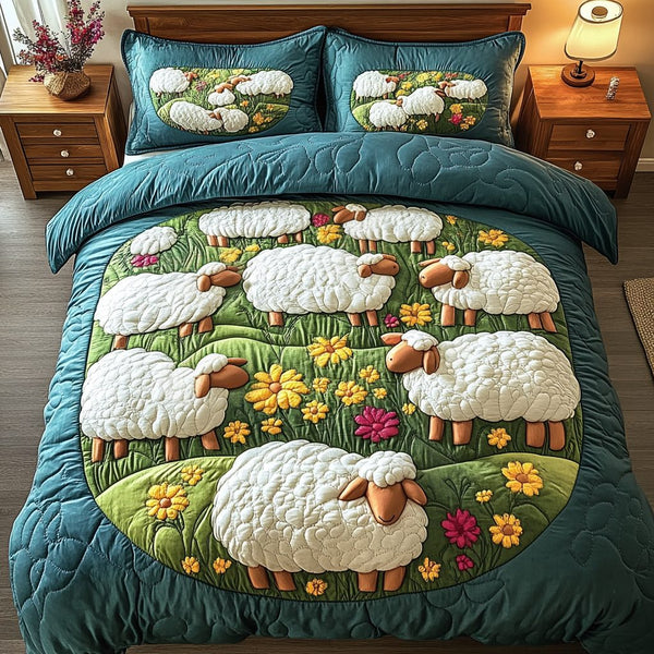 Dreamy Flock quilted 3-piece bedding set on a made bed with two matching pillow shams