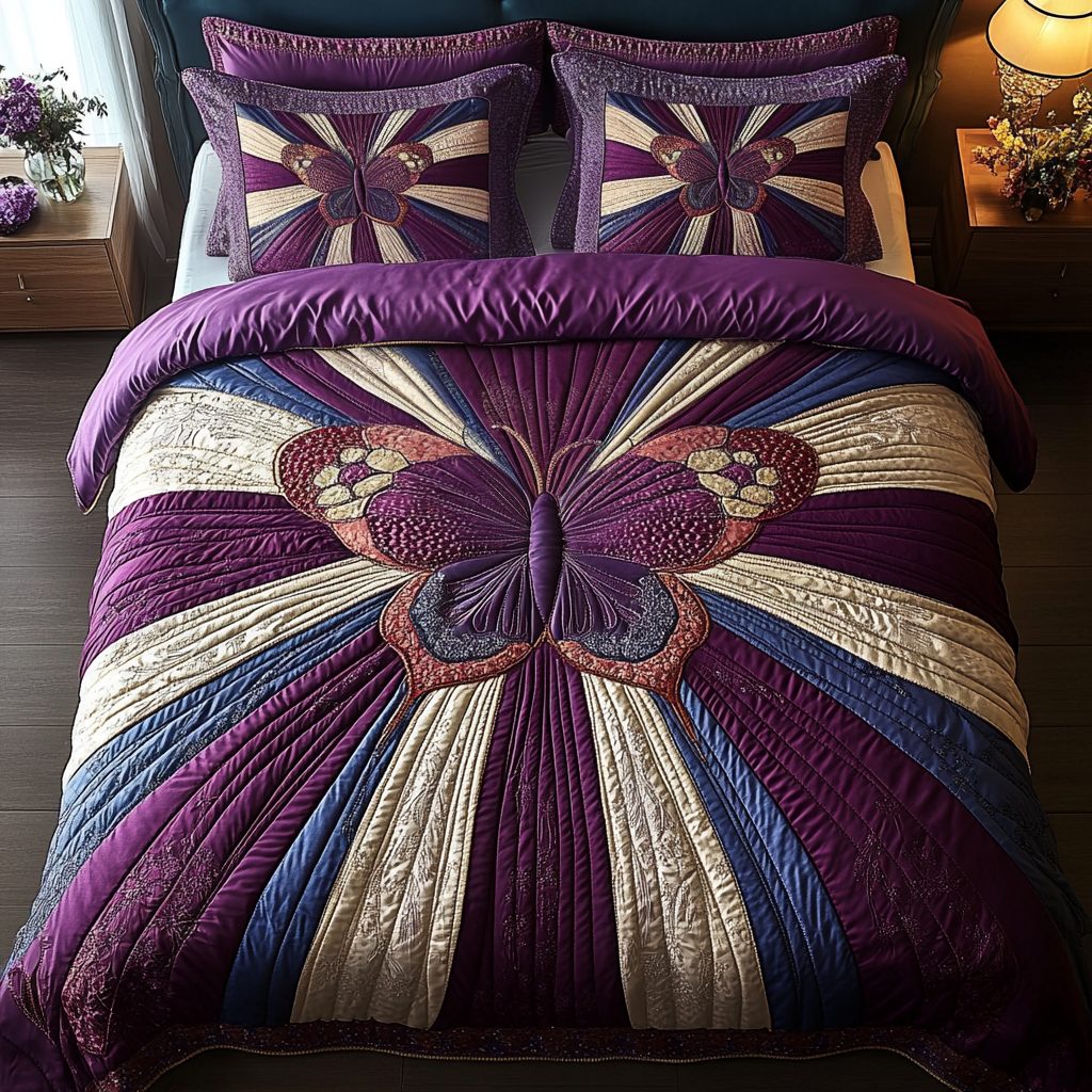Dreamy Flutter quilted 3-piece bedding set on a made bed with two matching pillow shams