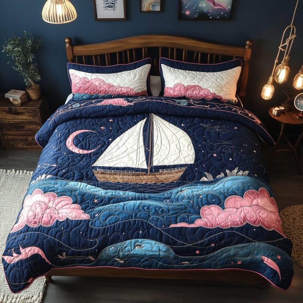 Dreamy Horizon quilted 3-piece bedding set on a made bed with two matching pillow shams