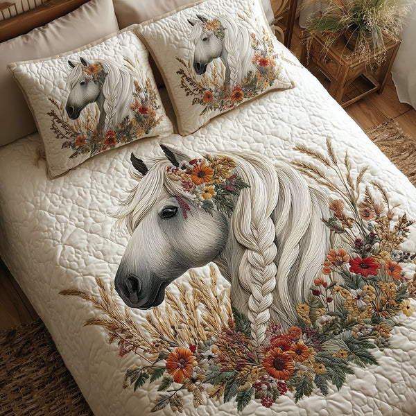 Dreamy Horse Horizon quilted 3-piece bedding set on a made bed in a rustic timber bedroom