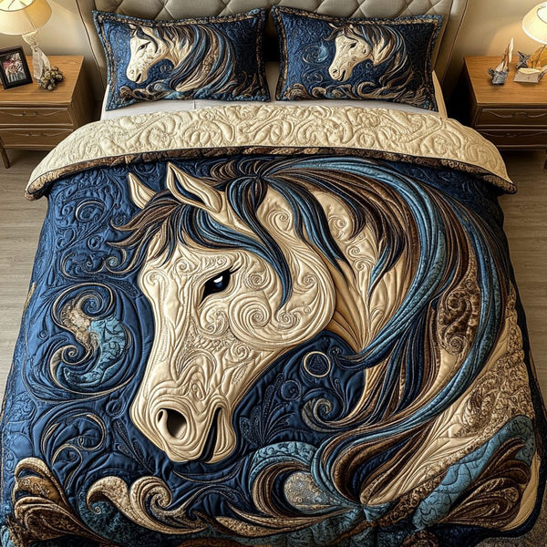Dreamy Horse quilted 3-piece bedding set on a made bed in a rustic timber bedroom