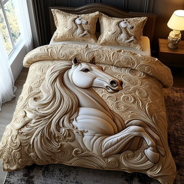 Dreamy Horse quilted 3-piece bedding set on a made bed in a rustic timber bedroom
