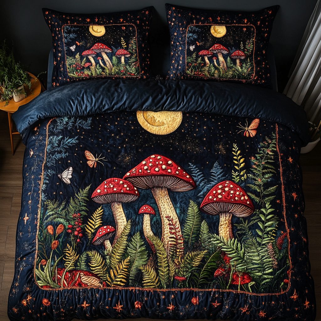 Dreamy Mushroom quilted 3-piece bedding set on a made bed with two matching pillow shams