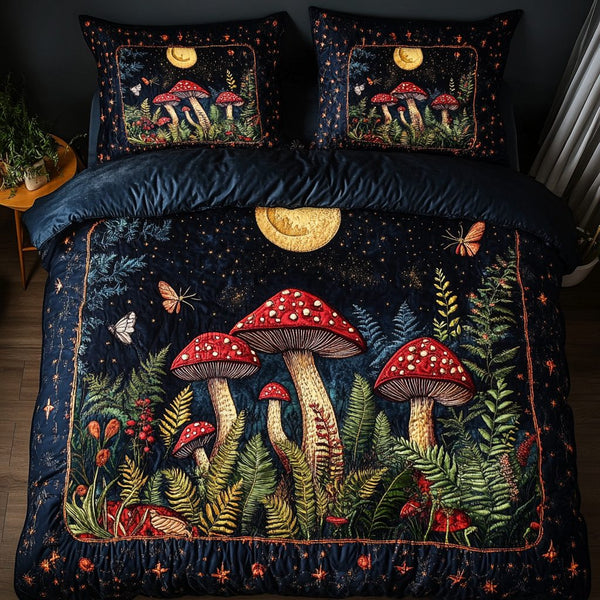 Dreamy Mushroom quilted 3-piece bedding set on a made bed with two matching pillow shams