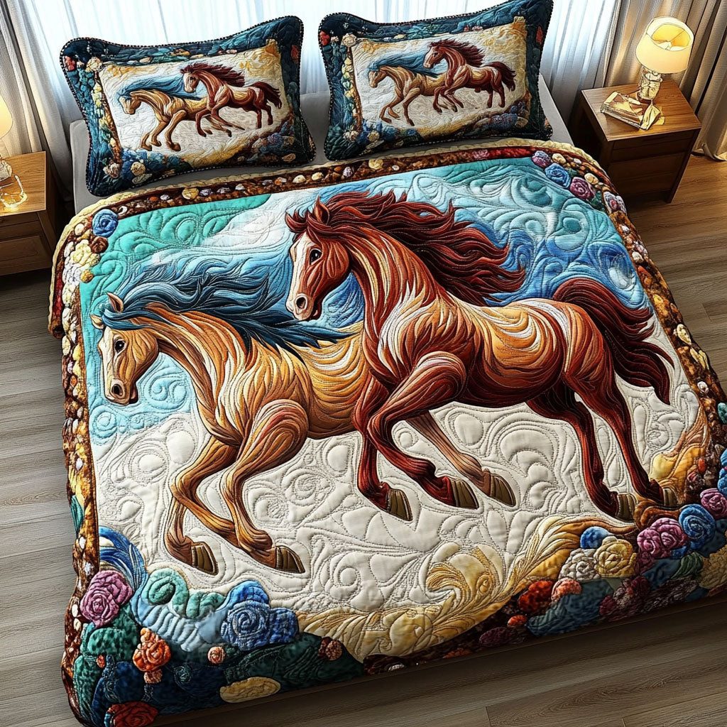 Dreamy Pair quilted 3-piece bedding set on a made bed with two matching pillow shams