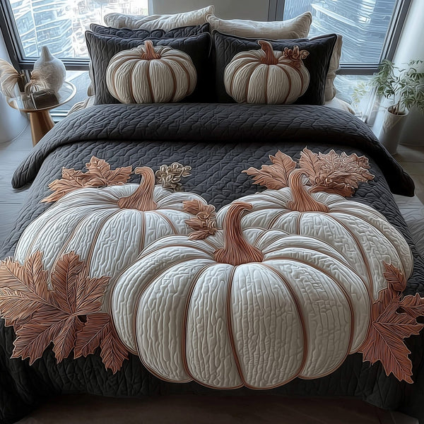 Dreamy Pumpkin Patch quilted 3-piece bedding set on a made bed against a dark styled interior