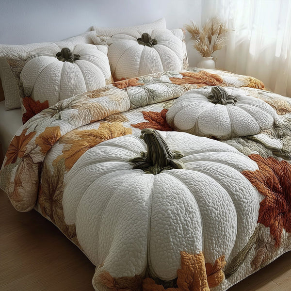 Dreamy Pumpkin Patch quilted 3-piece bedding set on a made bed against a dark styled interior