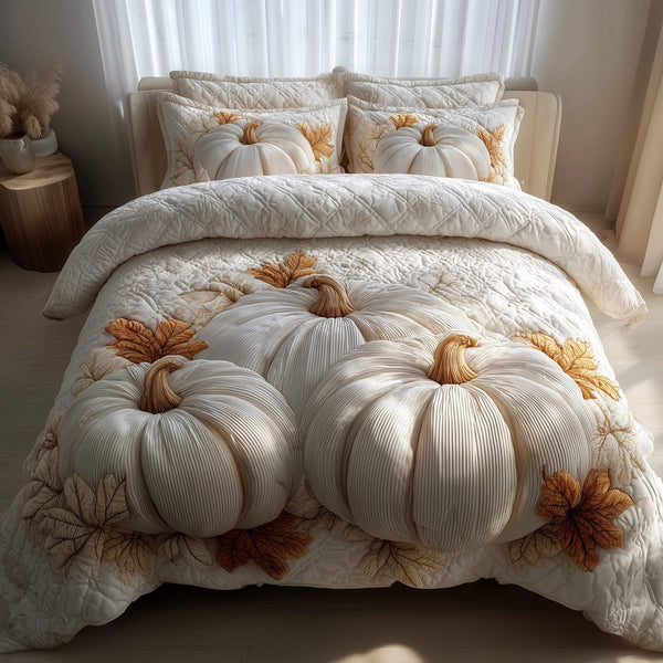 Dreamy Pumpkin Patch quilted 3-piece bedding set on a made bed against a dark styled interior
