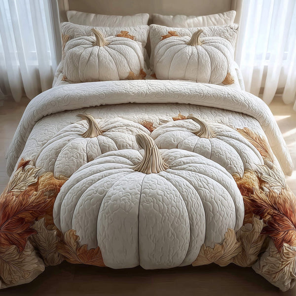 Dreamy Pumpkin Patch quilted 3-piece bedding set on a made bed against a dark styled interior