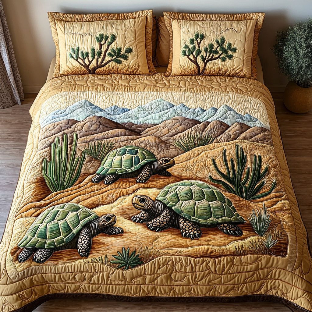 Dreamy Shellscape quilted 3-piece bedding set on a made bed with two matching pillow shams
