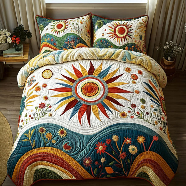 Dreamy Solstice quilted 3-piece bedding set on a made bed with two matching pillow shams