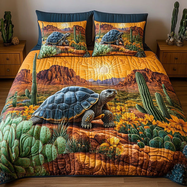 Dreamy Tortoise quilted 3-piece bedding set on a made bed with two matching pillow shams