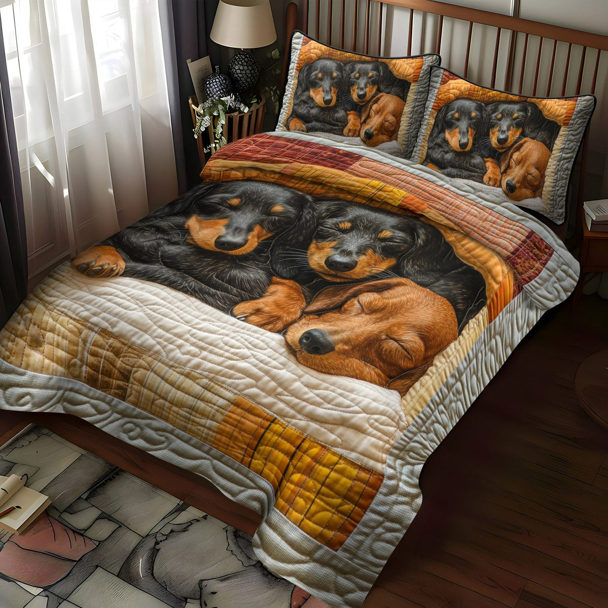 Dreamy Trio quilted 3-piece bedding set on a made bed with two matching pillow shams