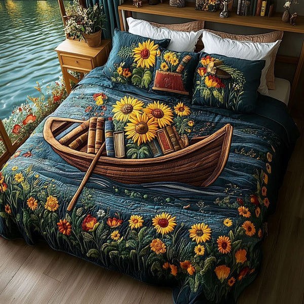 Dreamy Waterscape quilted 3-piece bedding set on a made bed with two matching pillow shams