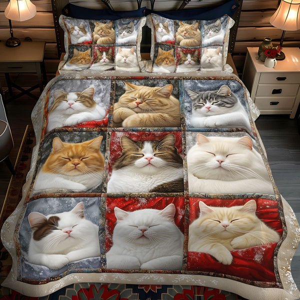 Dreamy Whiskers quilted 3-piece bedding set on a made bed with two matching pillow shams