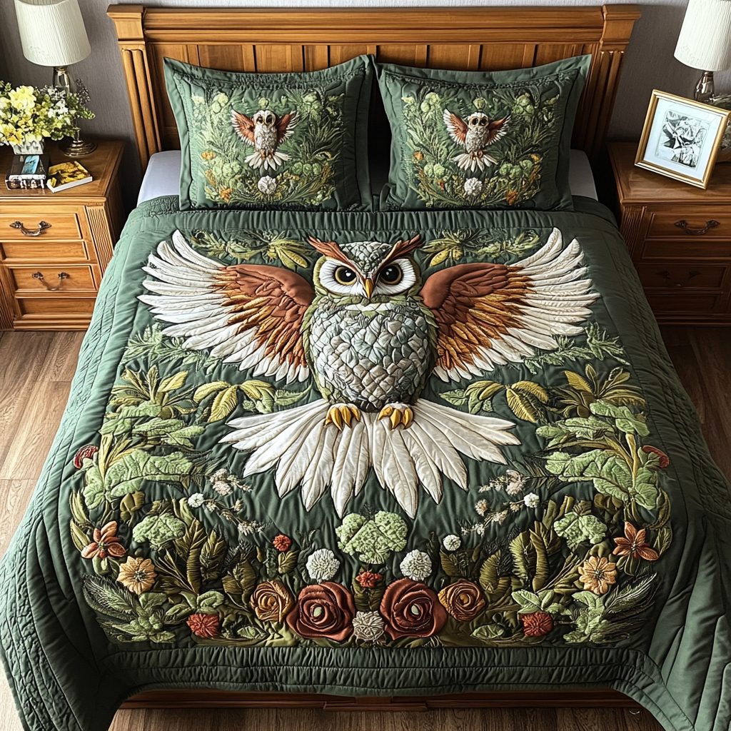 Dreamy Wings quilted 3-piece bedding set on a made bed with two matching pillow shams