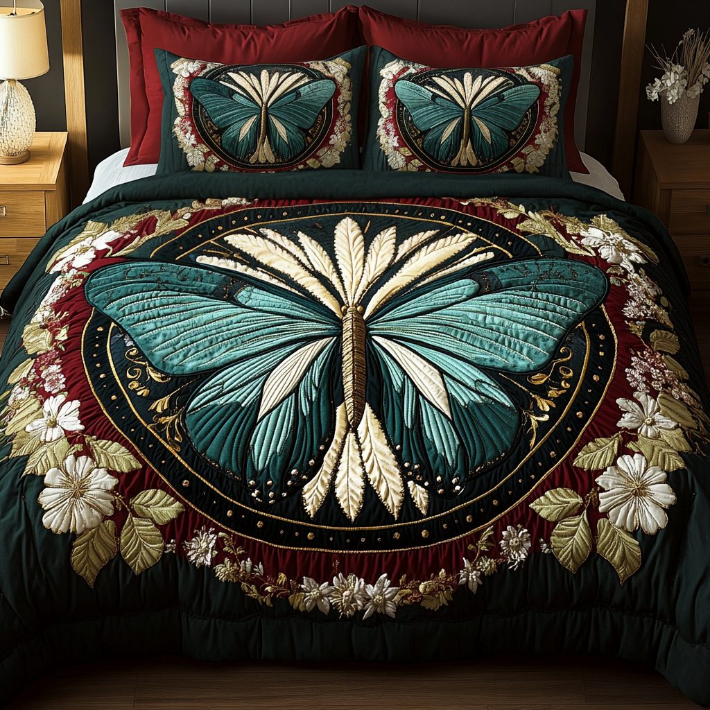 Dreamy Wings quilted 3-piece bedding set on a made bed with two matching pillow shams