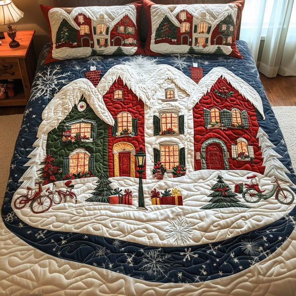 Dreamy Winter quilted 3-piece bedding set on a made bed in a winter-styled bedroom