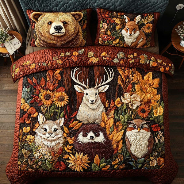 Dreamy Woodland Haven quilted 3-piece bedding set on a made bed with two matching pillow shams