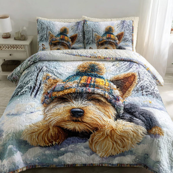 Dreamy Yorkshire Terrier quilted 3-piece bedding set on a made bed with two matching pillow shams